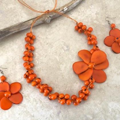 Orange Tagua Necklace And Earrings, Acai Seeds..
