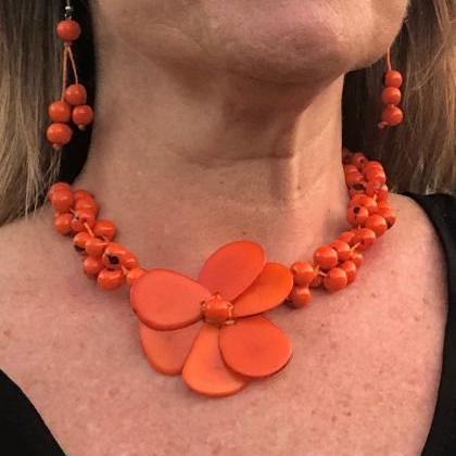 Orange Tagua Necklace And Earrings, Acai Seeds..