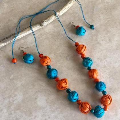 Orange Peel Balls Necklace And Earrings, Statement..
