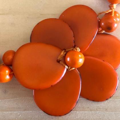 Orange Flower Tagua Nut Bracelet, Açaí Seeds..