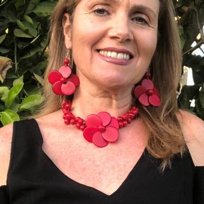 ! Red Tagua Nut Necklace And Earrings, Acai Seeds..