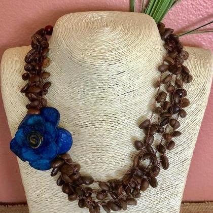 Blue Orange Peel Flower And Coffee Beans Necklace..