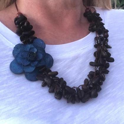 Blue Orange Peel Flower And Coffee Beans Necklace..