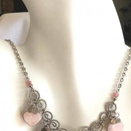 ! Rose Quartz Necklace And Earrings,heart Shape..