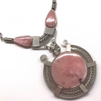 ! Rose Quartz Medallion Necklace And Earrings,..