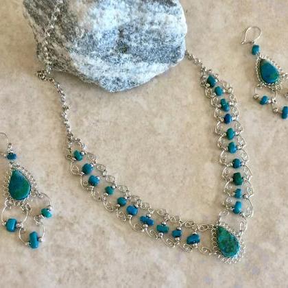 Chrysocolla Necklace And Earrings, Alpaca Silver..