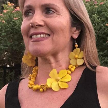 Yellow Tagua Necklace And Earrings, Acai Seeds..