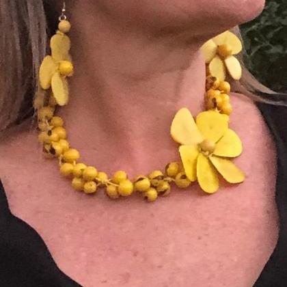 Yellow Tagua Necklace And Earrings, Acai Seeds..