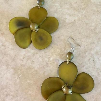 Olive Green Earrings, Flower Earrings, Statement..
