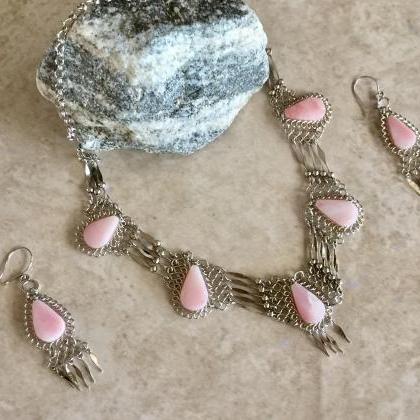 Teardrop Necklace And Earrings, Rose Quartz..