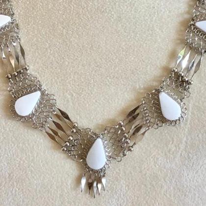 White Opal Necklace And Earrings, Teardrop Shape..
