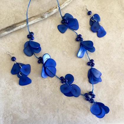!blue Tagua Nut Necklace And Earrings, Statement..