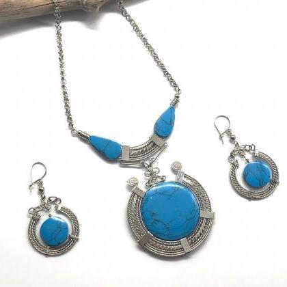 Turquoise Medallion Necklace And Earrings, Blue..