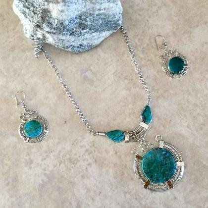 ! Chrysocolla Medallion Necklace And Earrings,..
