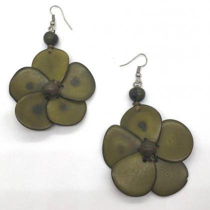 Olive Green Earrings, Flower Earrings, Statement..