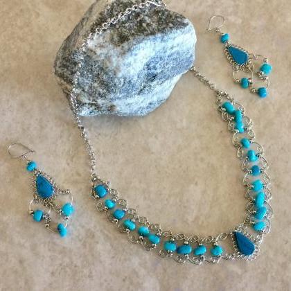 Turquoise Necklace And Earrings, Blue Necklace,..