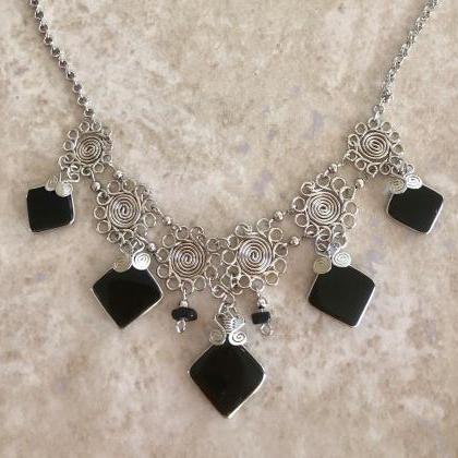 Black Onyx Necklace And Earrings, Diamond Shape..