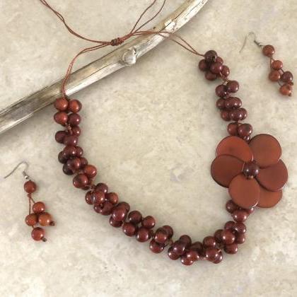 Brown Tagua Nut Necklace And Earrings, Acai Seeds..