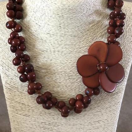 Brown Tagua Nut Necklace And Earrings, Acai Seeds..