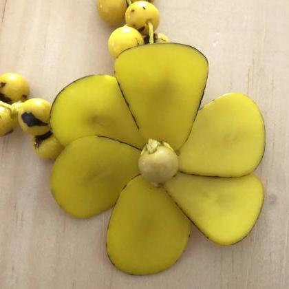 Yellow Flower Tagua Bracelet, Açaí Seeds..