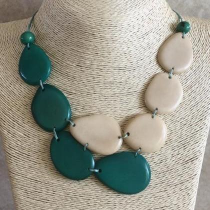 Bicolor Tagua Nut Statement Necklace And Earrings..