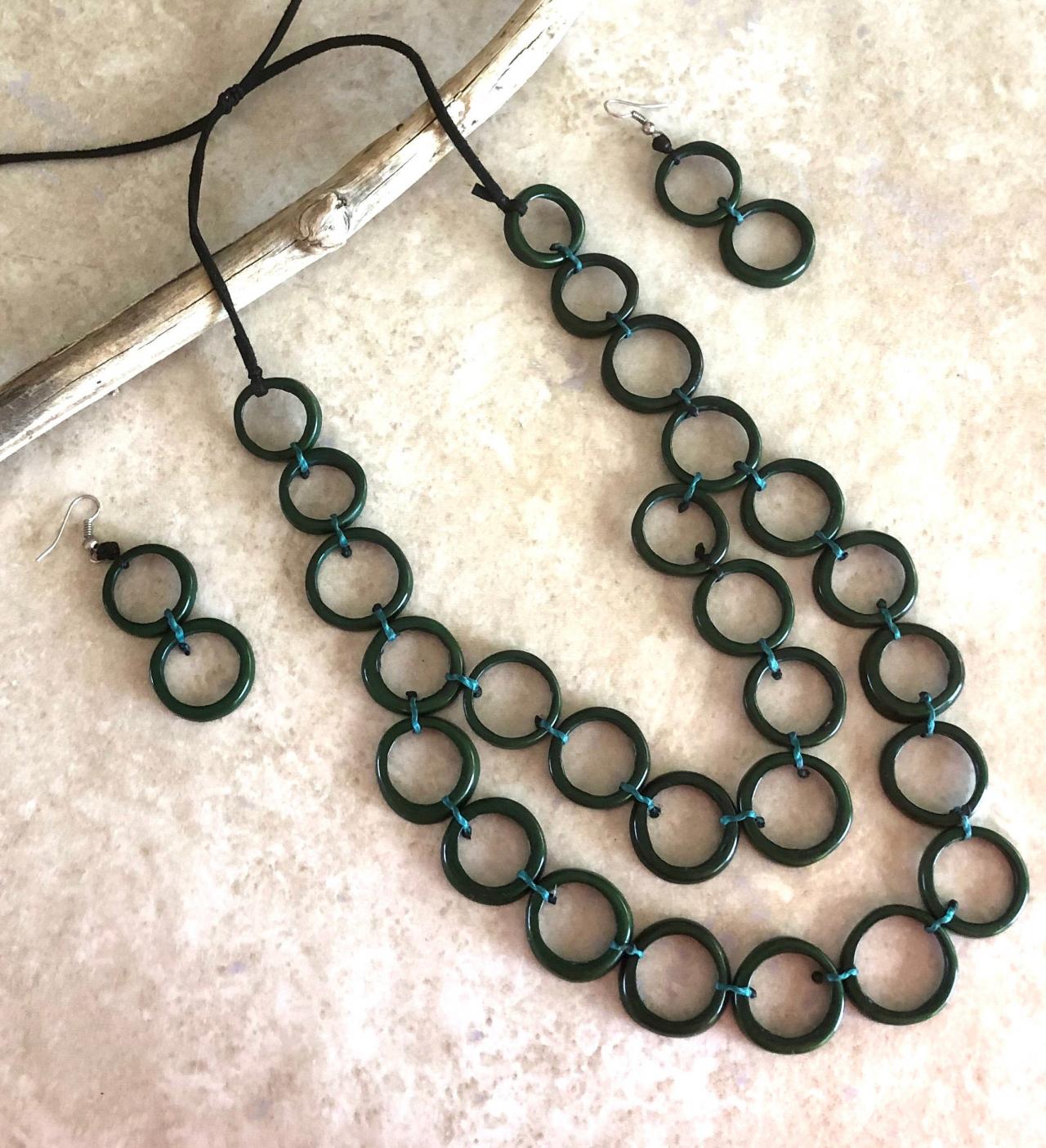 Green Heart Of Palm Necklace Earrings Set,two Strand Necklace, Two Layer Neck, Chunky Neck, Loops Necklace, Vegan Necklace, Geometric