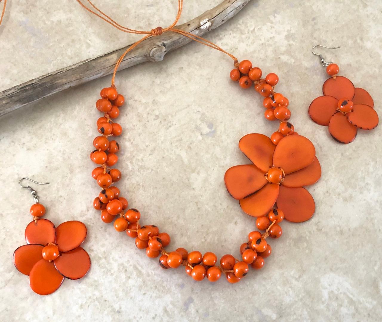 Orange Tagua Necklace And Earrings, Acai Seeds Necklace, Statement Necklace, Summer Necklace, Vegan Necklace, Beach Necklace, Flower Neck