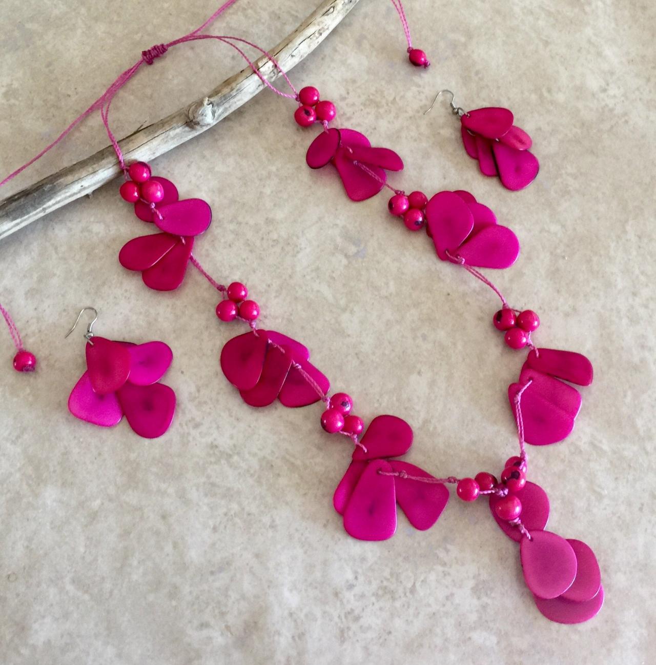 New! Fucsia Long Necklace and Earrings, Tagua Nut Necklace, Statement Necklace, Handmade Necklace, Seeds Beads Necklace, Ecofriendly Jewelry