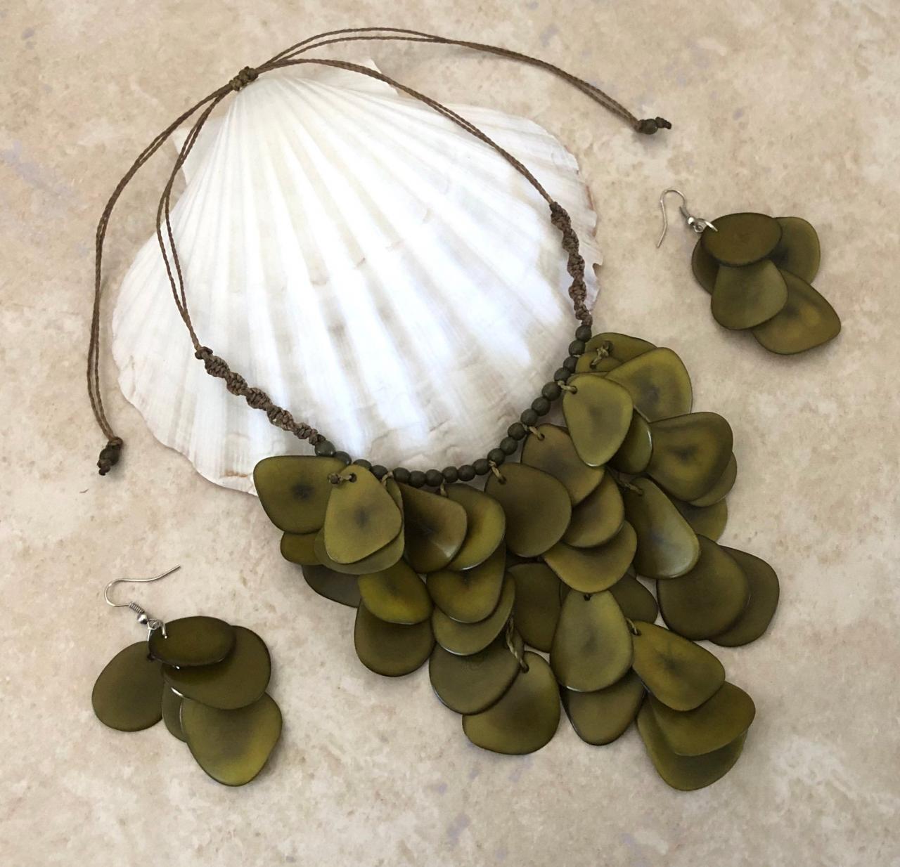 New! Olive Green Tagua Statement Necklace and Earrings, Handmade Necklace, Seeds Necklace, Summery Necklace, Ethnic Necklace, Chunky Neck