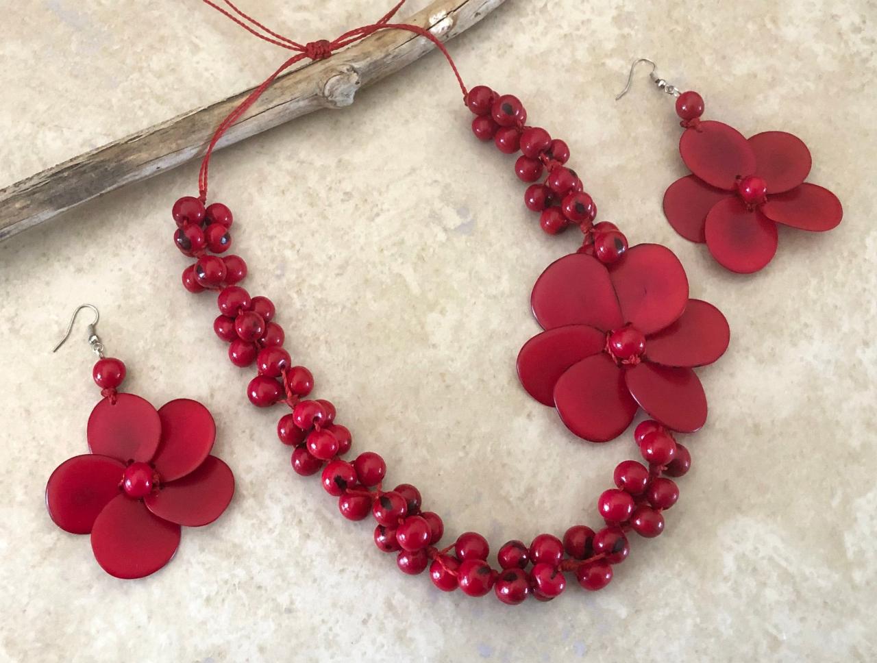 ! Red Tagua Nut Necklace And Earrings, Acai Seeds Necklace, Statement Necklace, Strand Necklace, Handmade Neck,vegan Necklace, Exotic