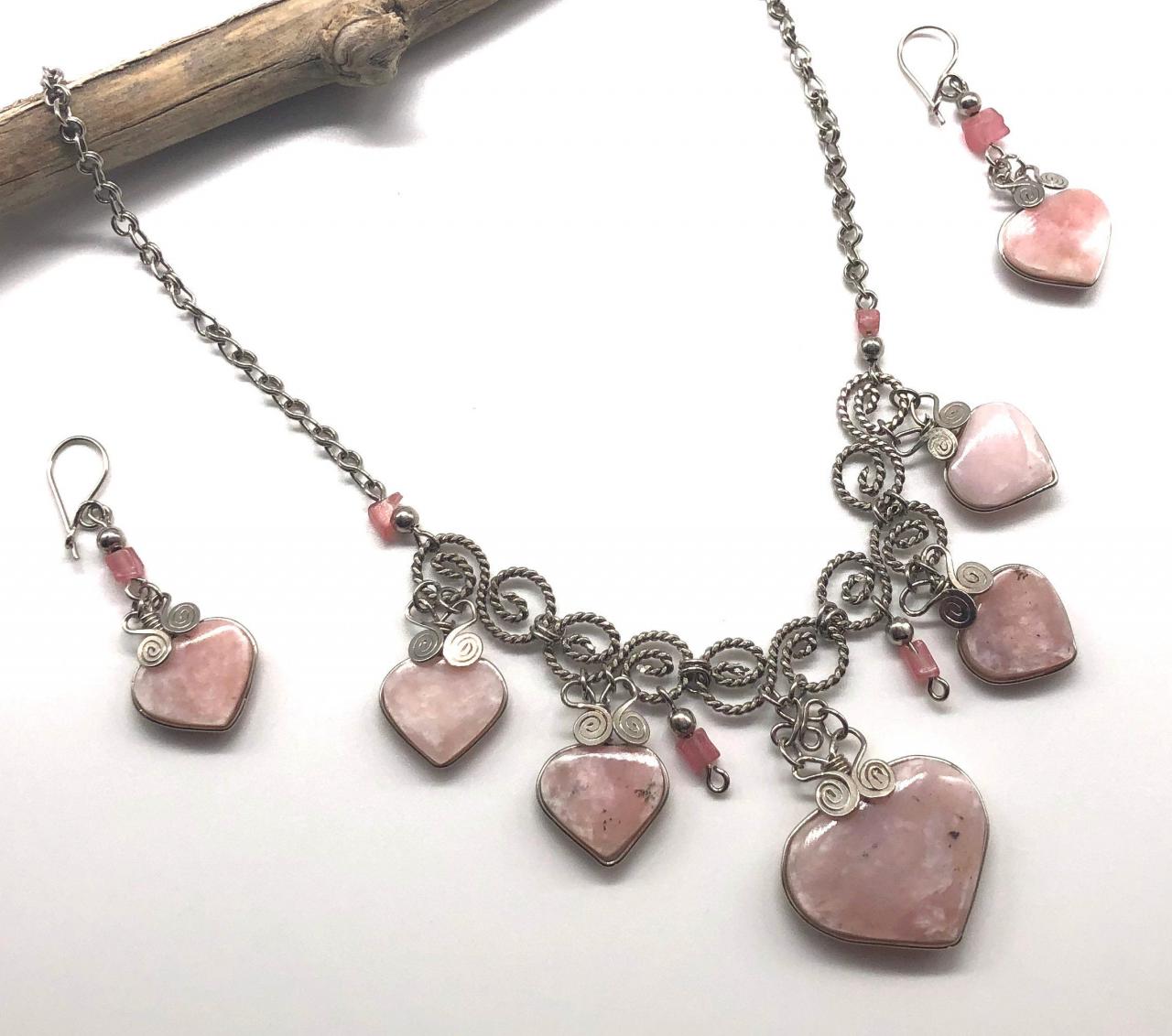 ! Rose Quartz Necklace And Earrings,heart Shape Necklace, Handmade Necklace, Romantic Necklace, Eco Friendly Necklace, Filigree Necklace