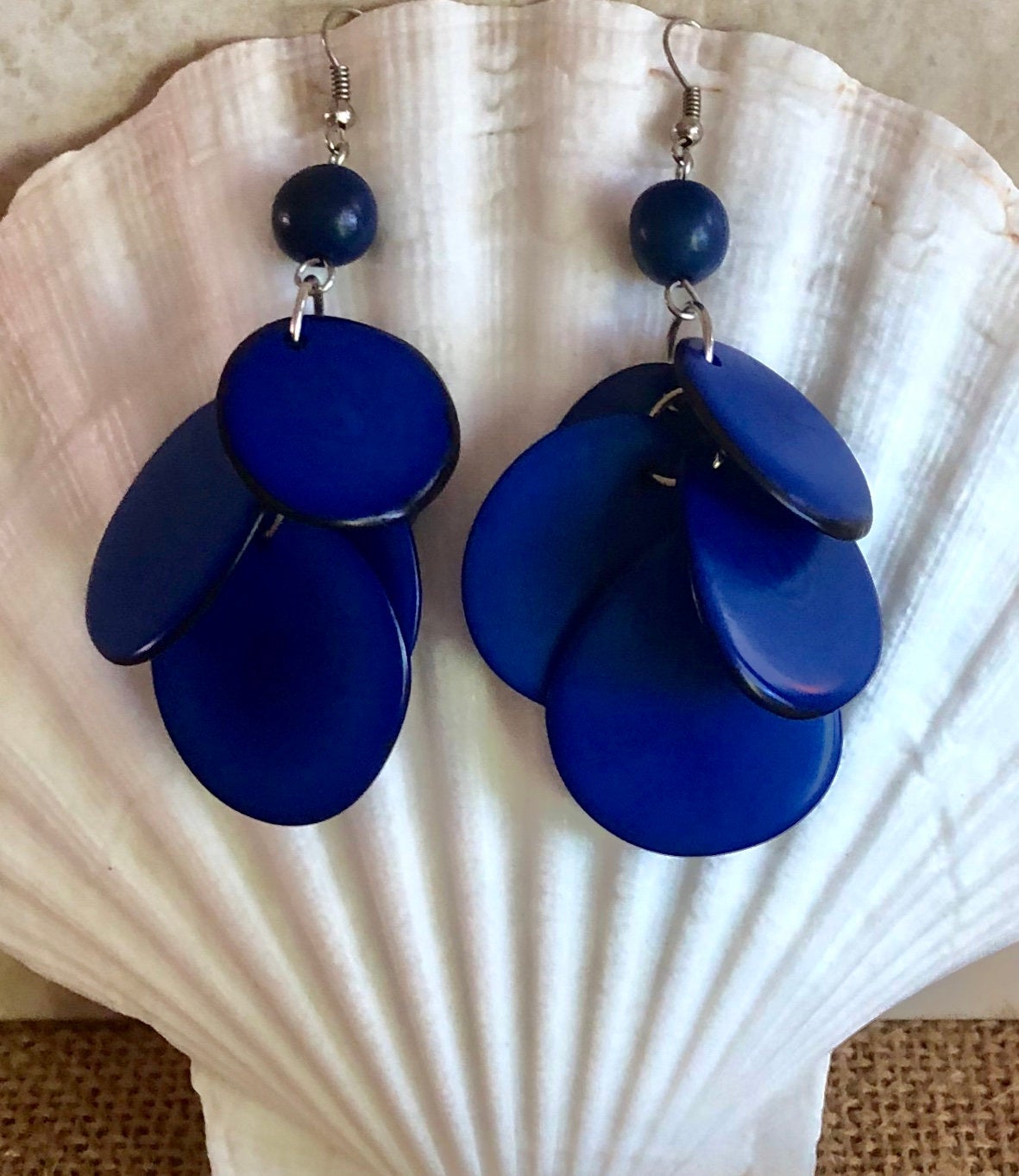 Blue Tagua Nut Earrings, Statement Earrings, Christmas Gift Earrings, Dangly Earrings, Handmade Gift, Holiday Gift, Eco Gift, Women Gift,