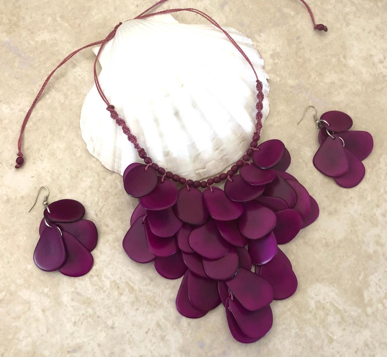 ! Plum Tagua Nut Statement Necklace And Earrings, Handmade Necklace, Seeds Necklace, Summery Necklace, Ethnic Necklace, Chunky Neck