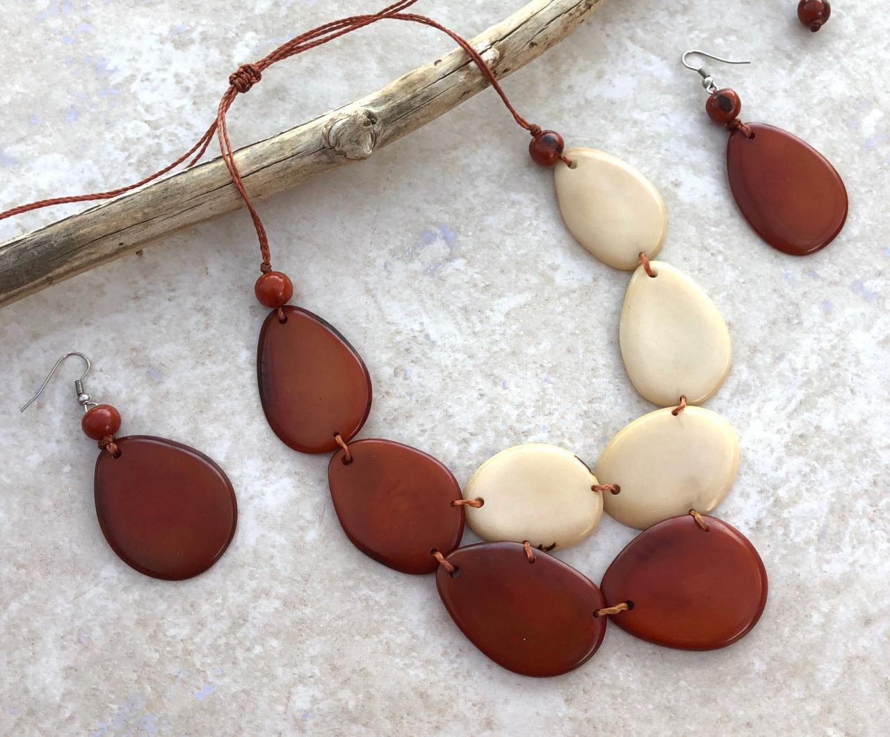 Bicolor Tagua Nut Statement Necklace and Earrings, Natural Necklace,Brown Necklace, Two Strand, Two Layer Necklace, Chunky Necklace