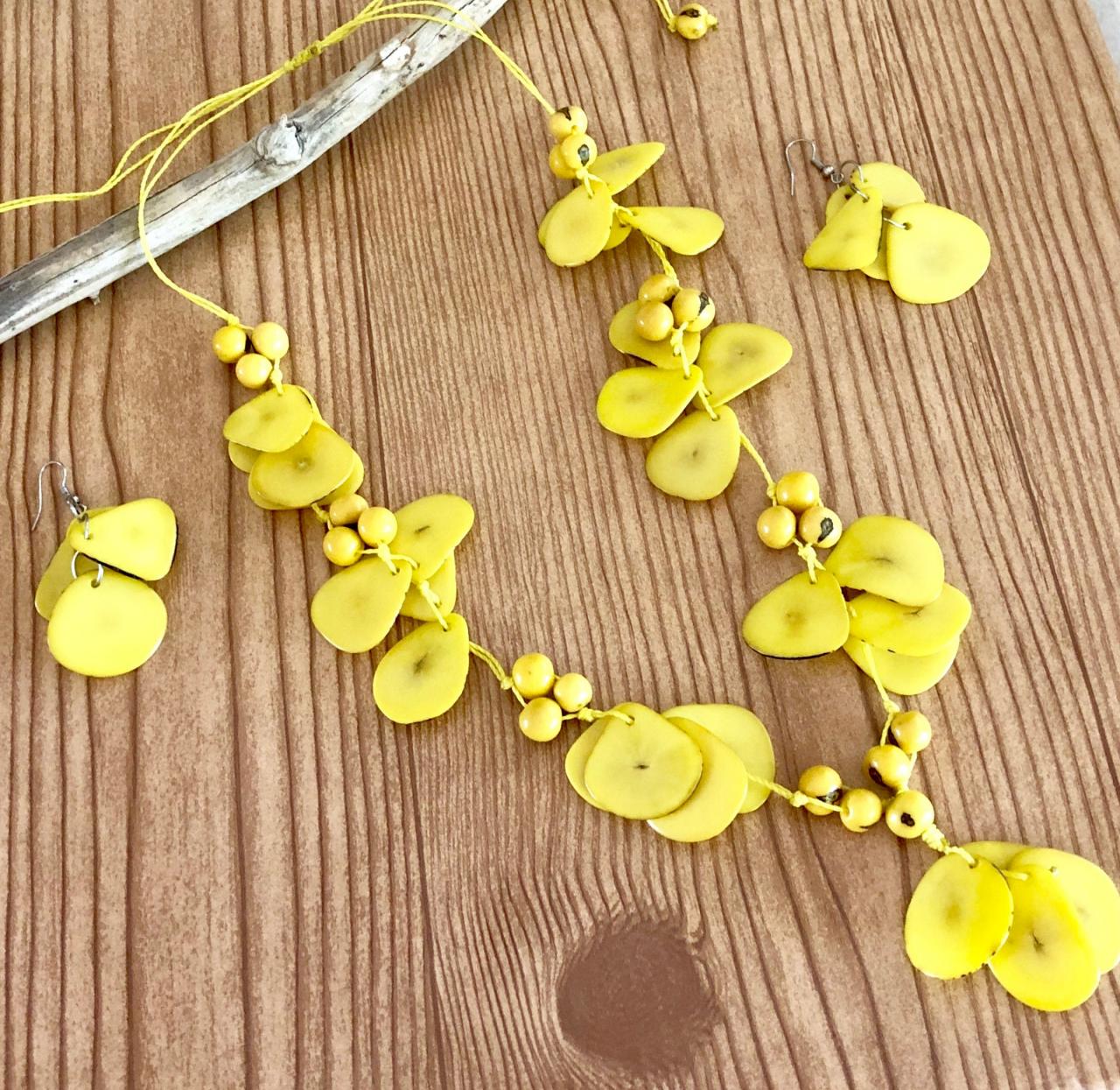 Yellow Necklace And Earrings, Long Necklace, Statement Necklace, Handmade Necklace Exotic Necklace, Summery Necklace, Tagua Necklace, Seeds