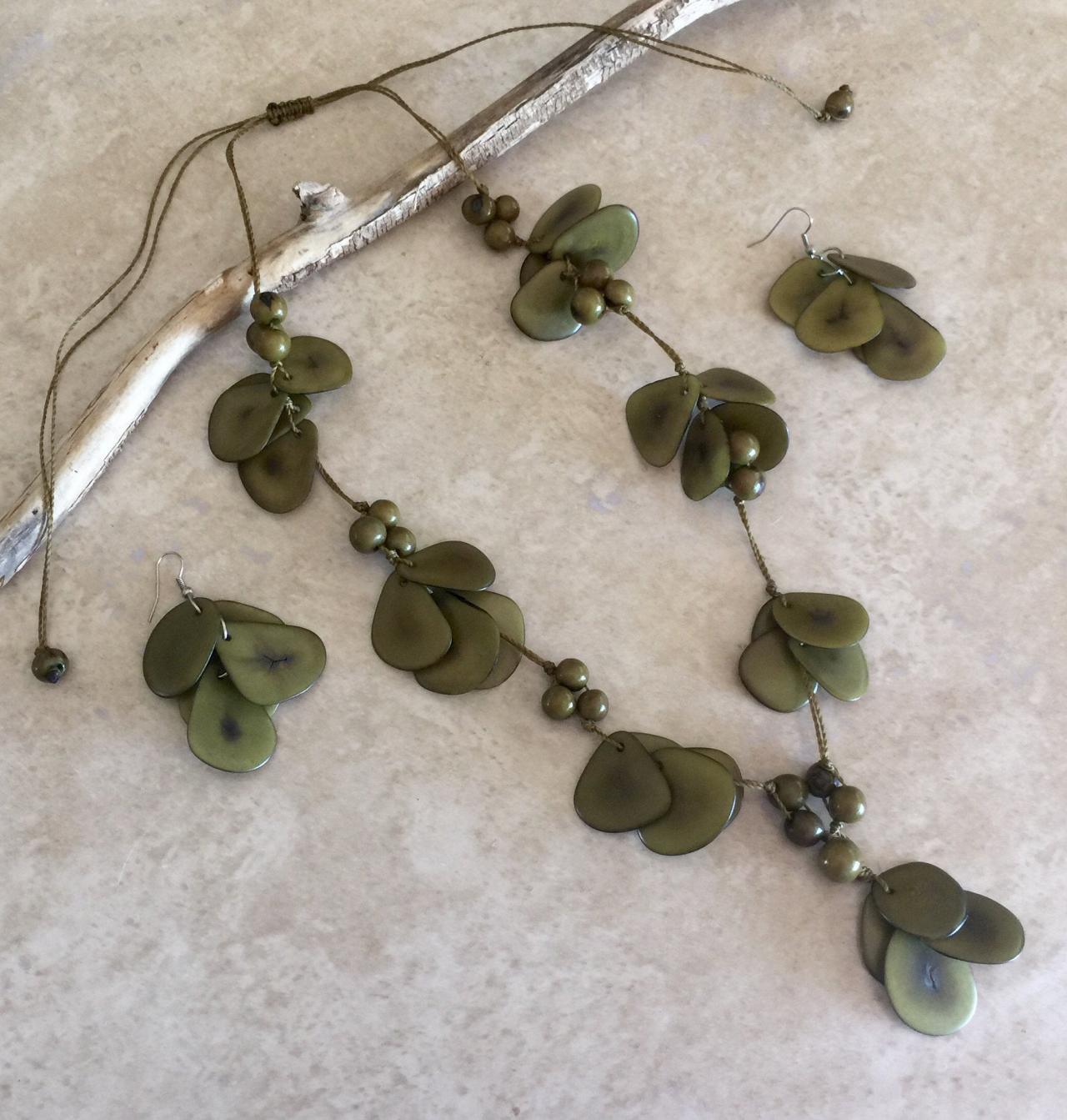 Olive Green Necklace and Earrings, Handmade Necklace, Long Necklace, Ecofriendly Necklace, Statement Necklace, Seeds Necklace, Summer