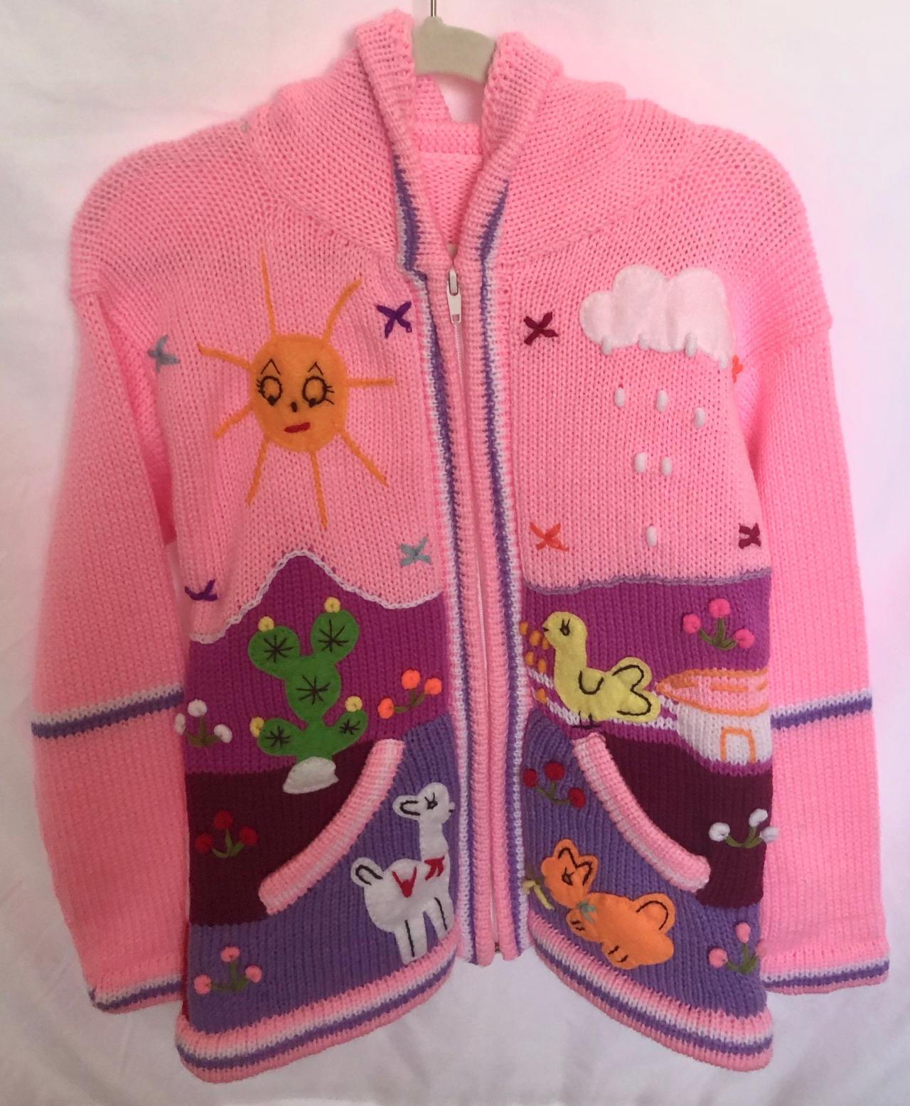 Size 10 Pink Hooded Jacket,girls Jacket,handmade Jacket, Knitwear Jacket, Zipper Jacket, Long Sleeve Jacket, Children Jacket, Llama Jacket