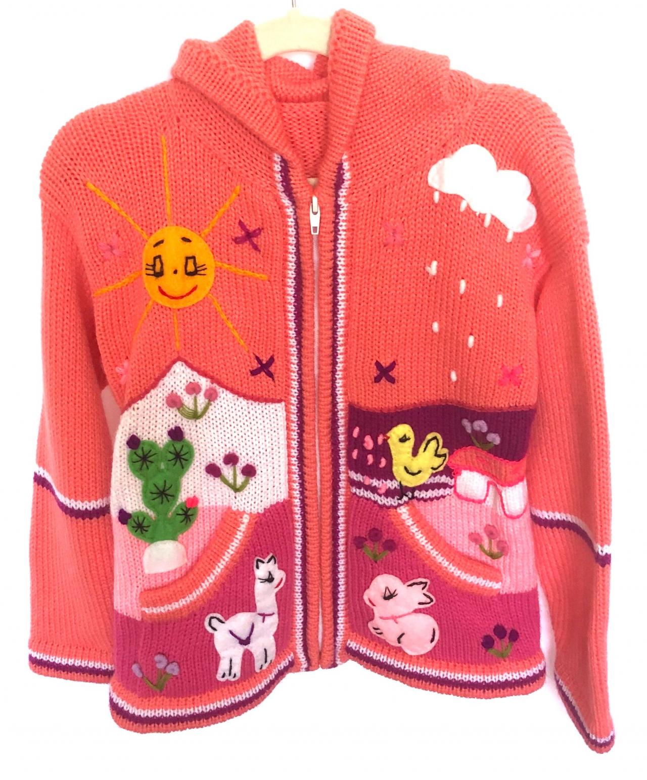 Size 8 Salmon Hooded Jacket,girls Jacket,handmade Jacket, Knitwear Jacket, Zipper Jacket, Long Sleeve Jacket, Children Jacket, Llama Jacket