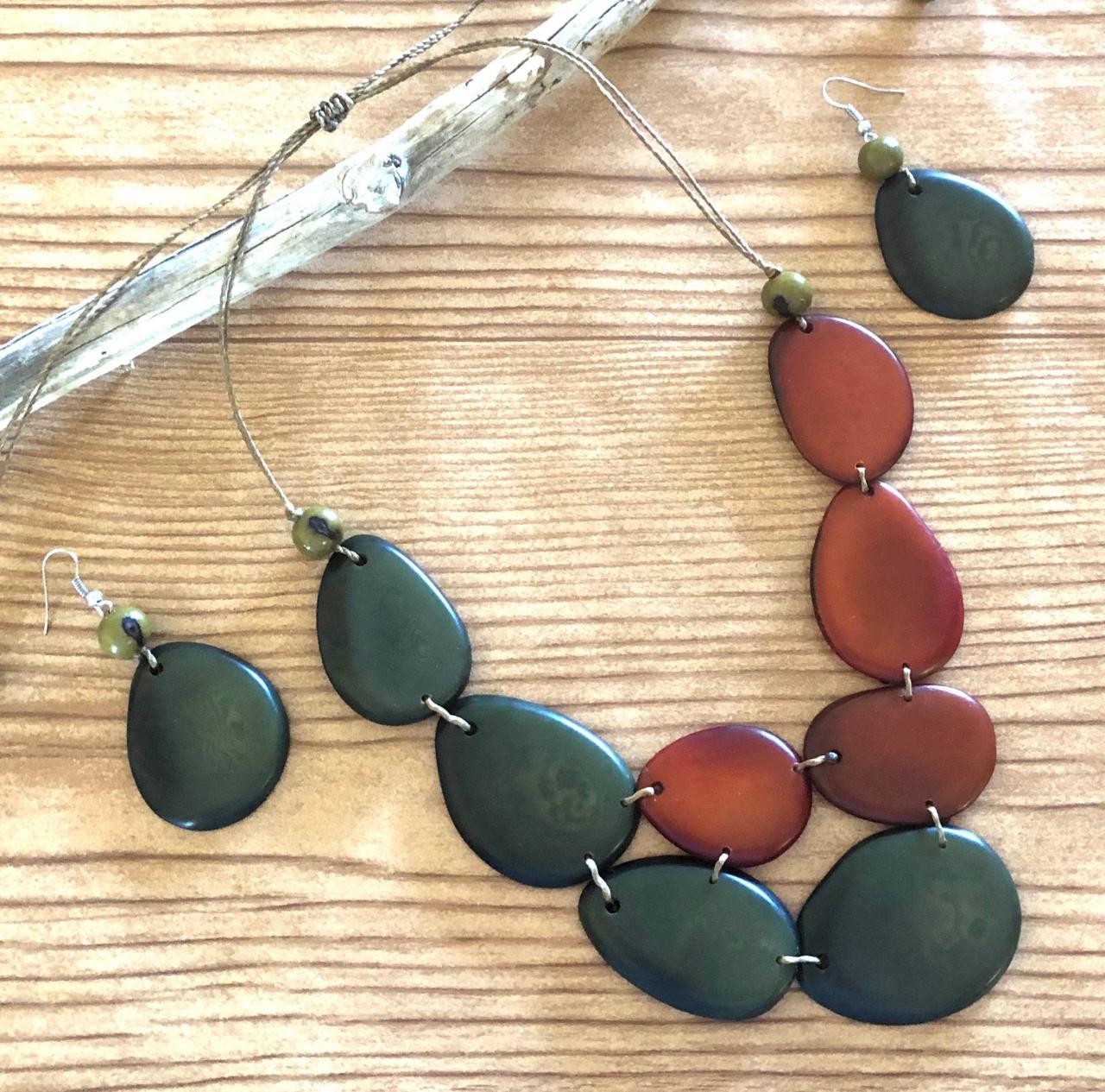Bicolor Tagua Nut Statement Neck and Earrings, Green Neck, Brown Neck, Double Strand, Chunky