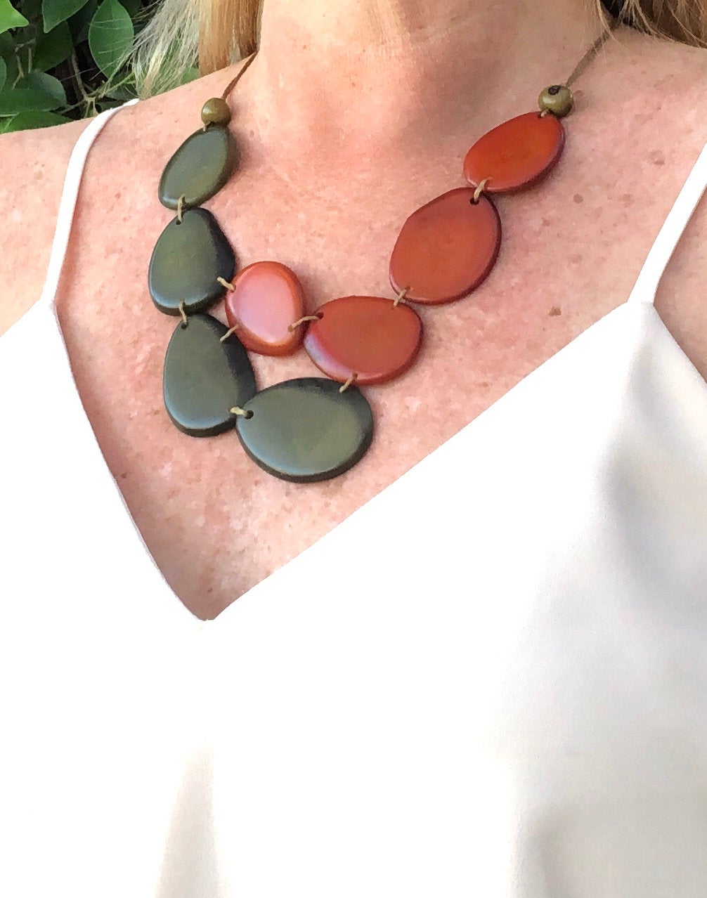 Bicolor Tagua Nut Statement Neck And Earrings, Green Neck, Brown Neck