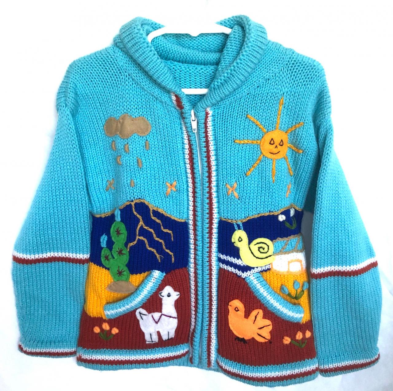 Size 6 Blue Hooded Jacket, Girls Jacket, Winter Jacket, Zipper Jacket, Knitwear Jacket, Kids Jacket, Wool Sheep Jacket, Long Sleeve