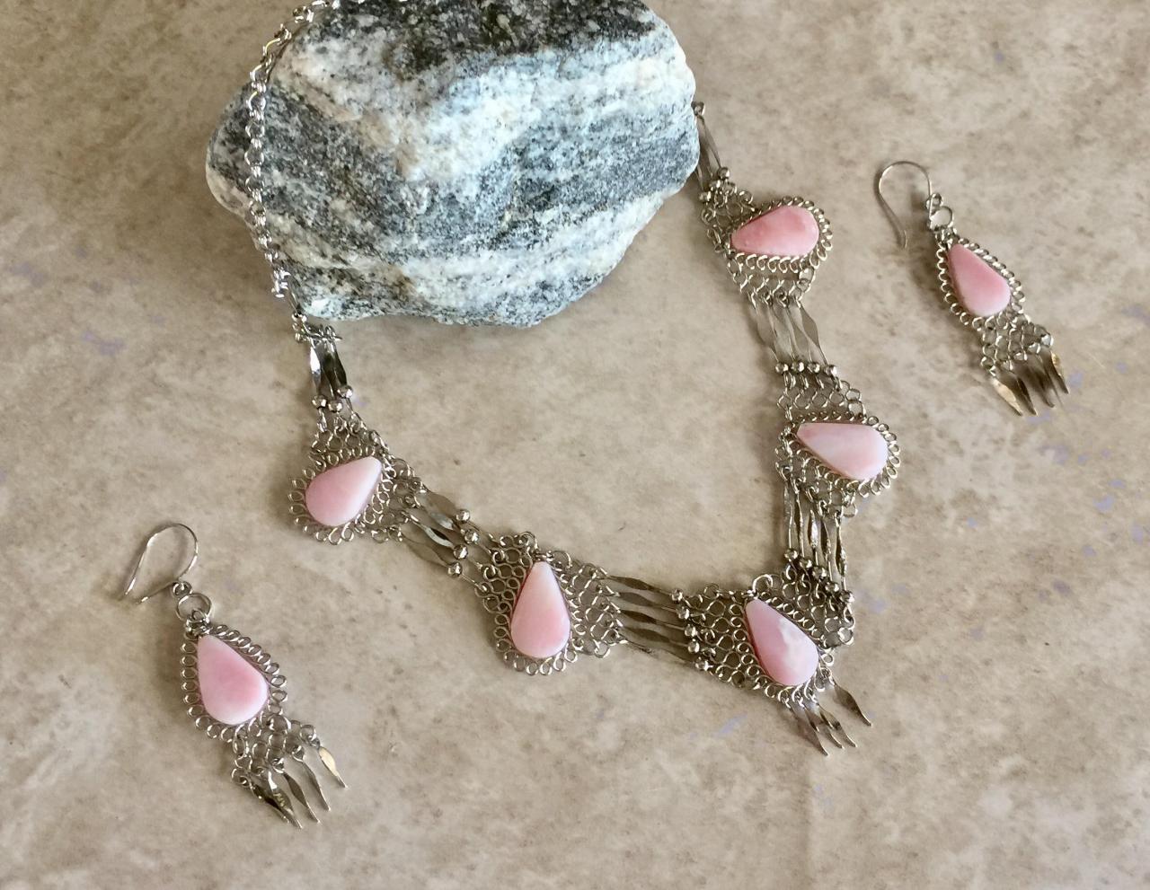 Teardrop Necklace And Earrings, Rose Quartz Necklace, Pink Necklace, Chandelier Necklace, Alpaca Silver Necklace, Handmade Necklace, Ethnic