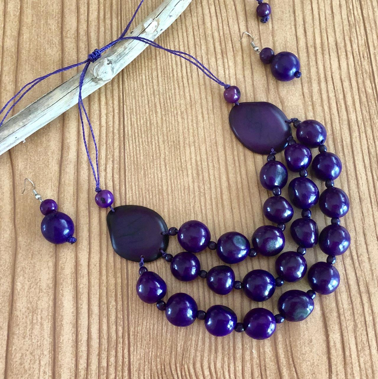 Purple Tagua Necklace And Earrings, Bombona Seeds Necklace, Statement Necklace, Layer Necklace, Three Strand Necklace, Chunky Necklace, Seed