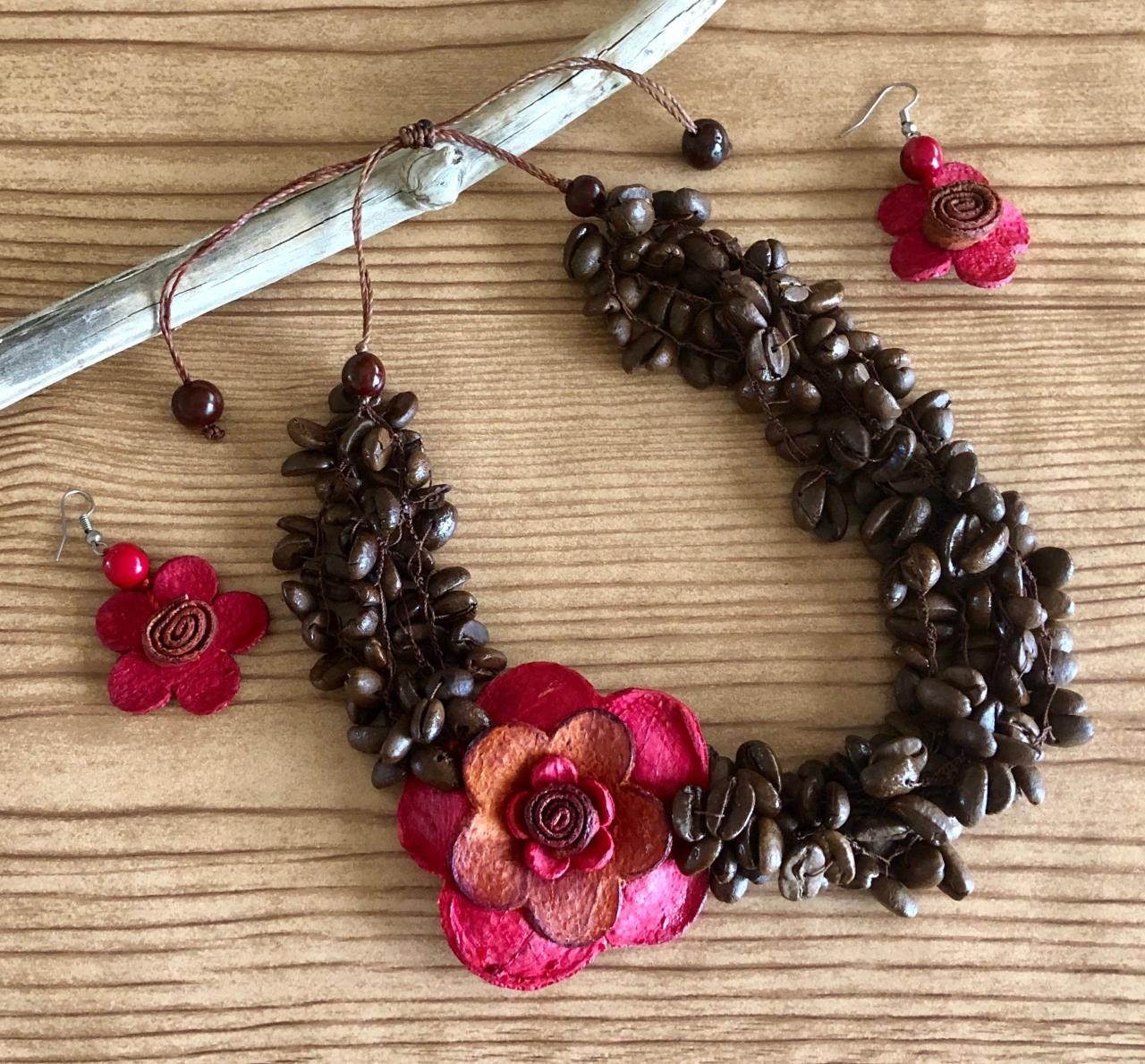 Red Necklace And Earrings, Orange Peel Necklace, Coffee Beans Necklace, Statement Necklaces, Strand Necklace, Layer Necklace, Flower