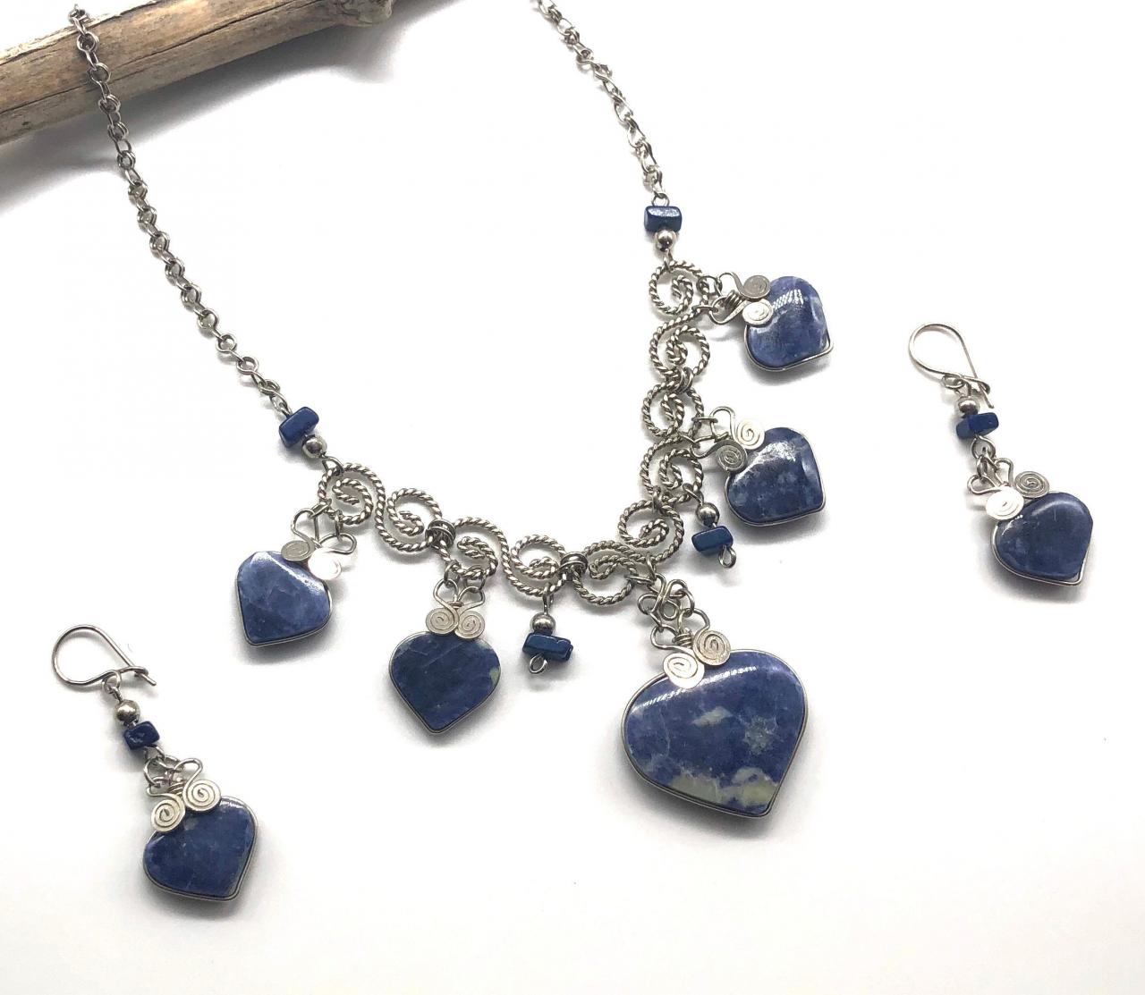 ! Sodalite Necklace And Earrings,heart Shape Necklace, Handmade Necklace, Romantic Necklace, Eco Friendly Necklace, Filigree Necklace