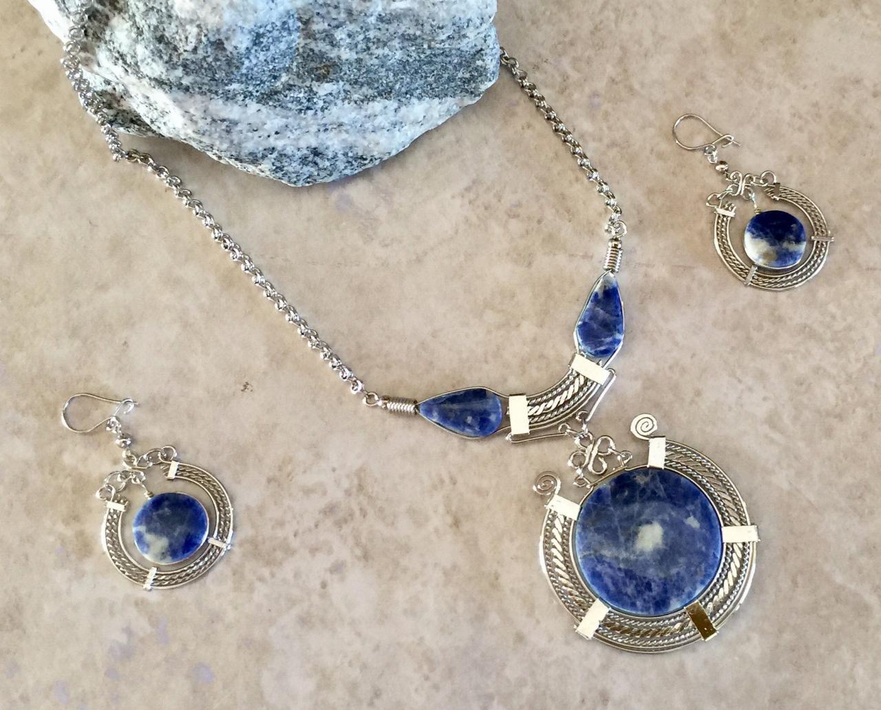 New! Sodalite Medallion Necklace and Earrings, Blue Neck Geometric Necklace, Round Shape Necklace, Minimalist Necklace, Handmade Neck