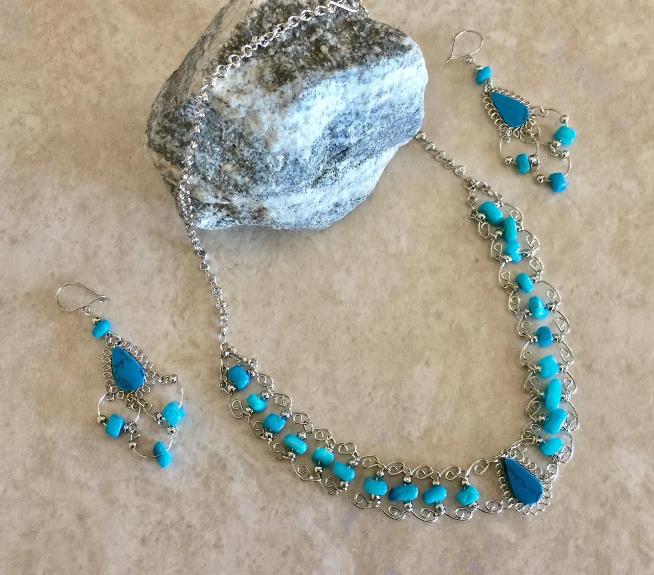 Turquoise Necklace And Earrings, Blue Necklace, Alpaca Silver Necklace, Teardrop Necklace, Blue Nuggets, Handmade Necklace, Lightweight Neck