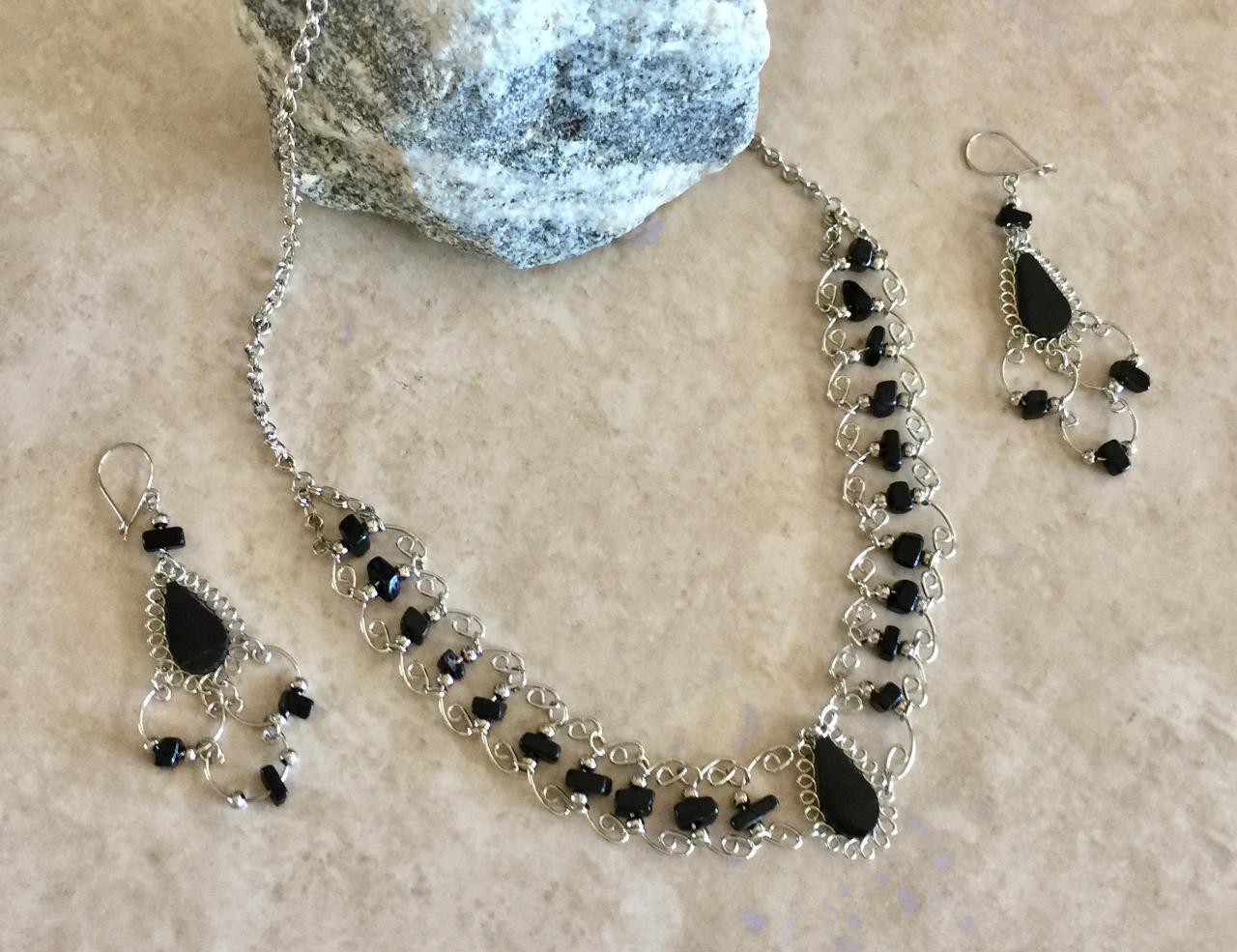 Black Onyx Necklace And Earrings, Blue Necklace, Alpaca Silver Necklace, Teardrop Necklace, Nuggets, Handmade Necklace, Lightweight Neck