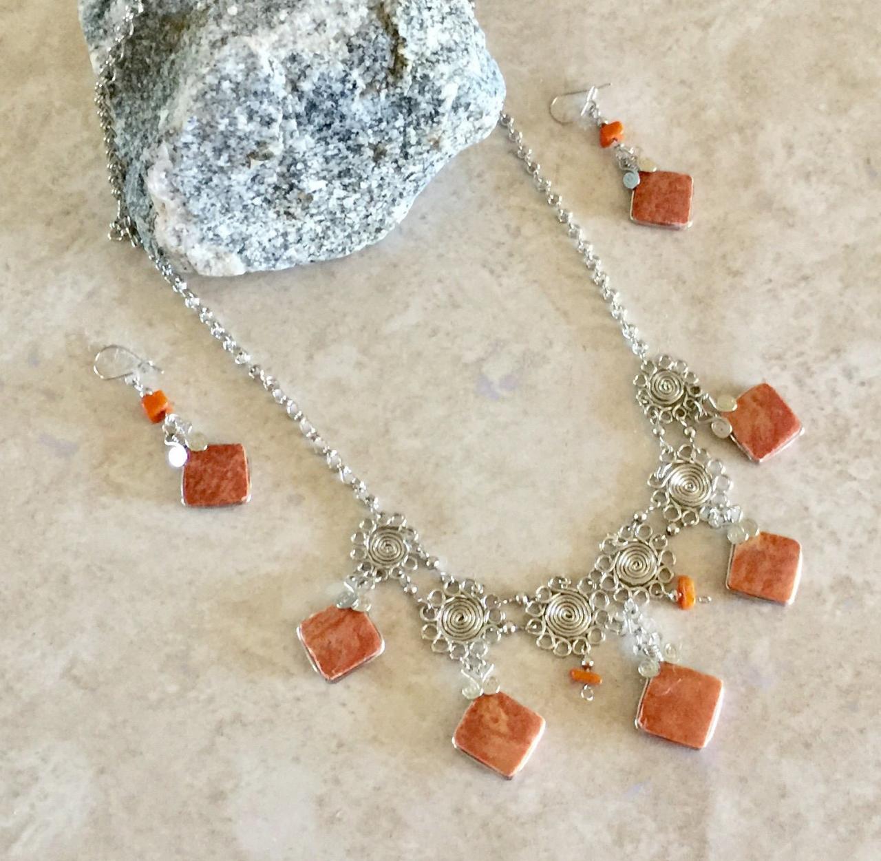 Red Jasper Necklace and Earrings, Diamond Shape Necklace, Geometric Necklace, Orange Necklace, Filigree Necklace, Chandelier Necklace
