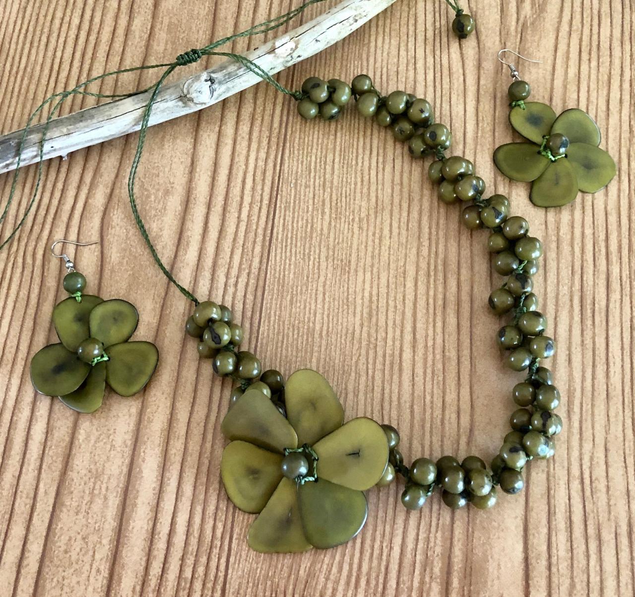 Olive Green Tagua Necklace And Earrings, Açaí Seeds Necklace, Two Strand Necklace, Statement Necklace, Vegan Necklace, Flower Necklace, Mom